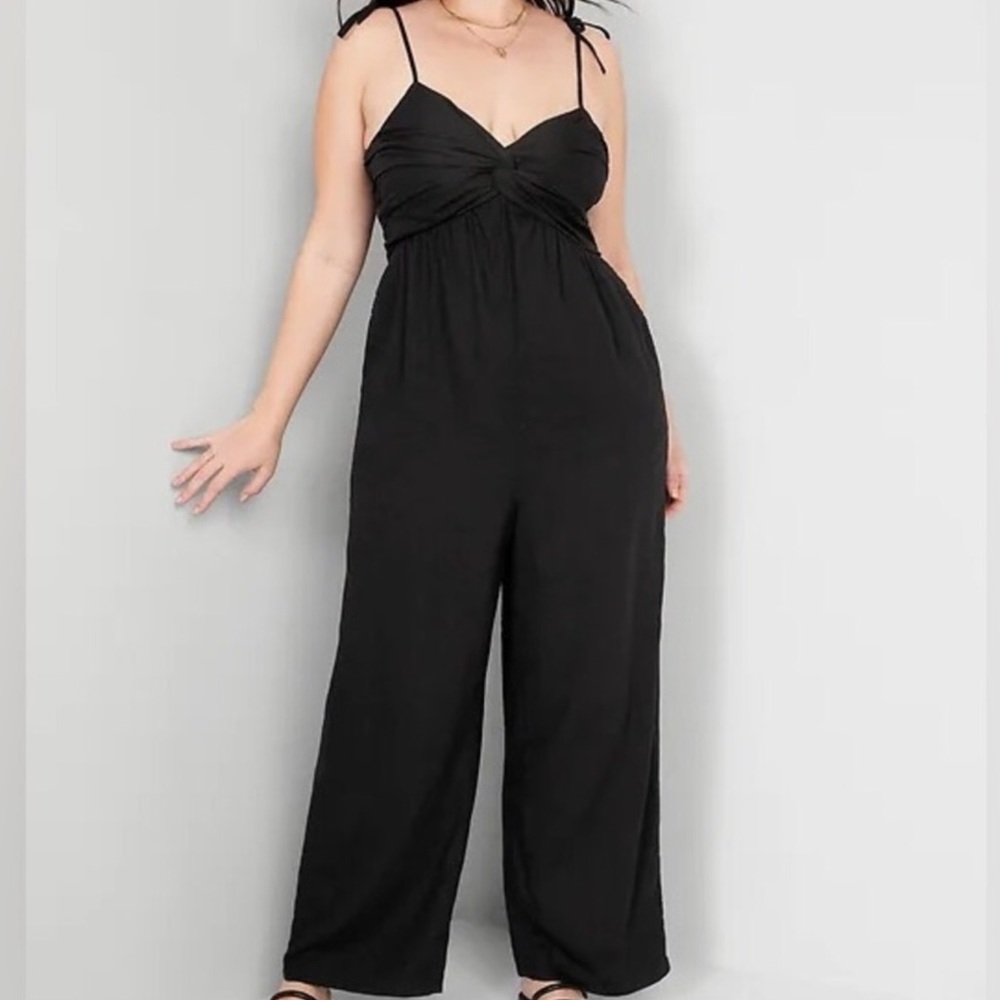Linen Blend Twist-Front Smocked Jumpsuit
